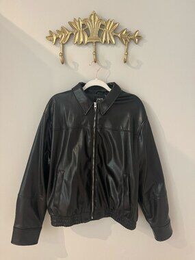 Zara Black Faux Leather Bomber Jacket